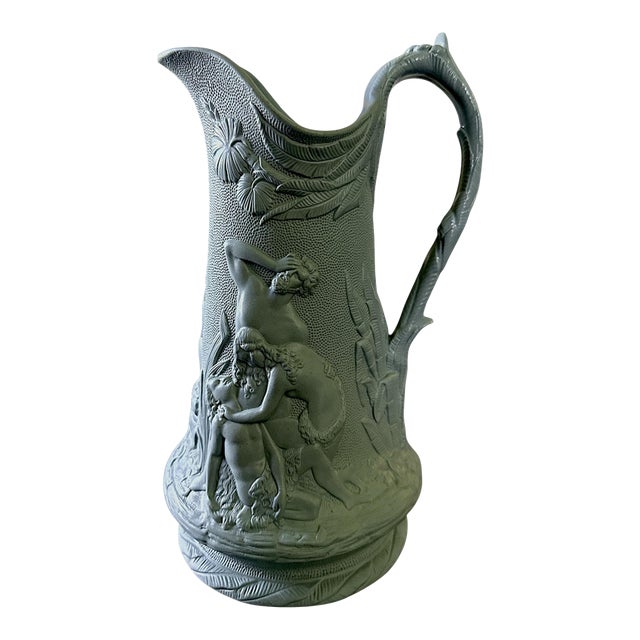 Rare Sea Foam Green Edward Walley Relief-Molded Pitcher, C. 1860s — Staffordshire Parian Ware — 9.5” For Sale