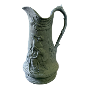 Rare Sea Foam Green Edward Walley Relief-Molded Pitcher, C. 1860s — Staffordshire Parian Ware — 9.5”