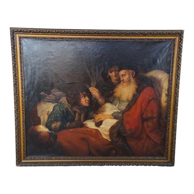 Antique Grand Tour Isaac Blessing Jacob After Govert Flinck 18th C. Baroque Old Master Painting 63" For Sale