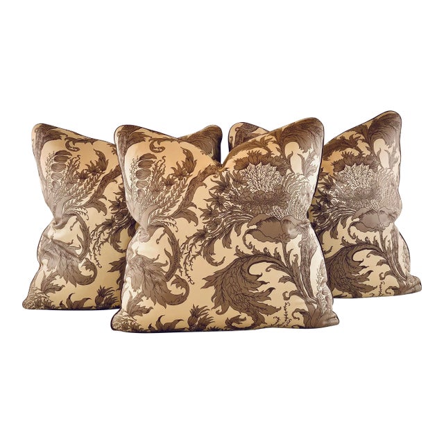 Designer Vicki Payne Free Spirit Crewel Taupe & Brown Block Print Botanical Floral Leaf Pillow Covers- 3 Pieces For Sale