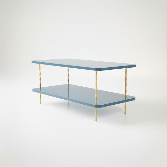 Handcrafted Satin Sea Reflection Painted Two-Layer Coffee Table With Brass Bamboo Legs For Sale In New York - Image 6 of 7