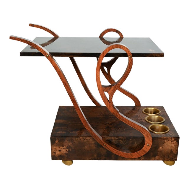 Vintage Aldo Tura Bar Cart Rosewood Goat Skin Mid Century Modern For Sale