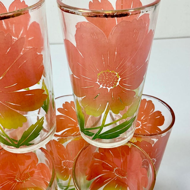 Salmon 1950s Vintage Americana Boho Chic Federal Glass Company Coral Daisy Glassware -Set of 8 For Sale - Image 8 of 11