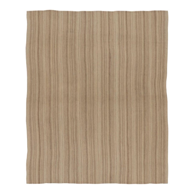Rug & Kilim’s Contemporary Minimal Rez Kilim in Brown Textural Stripes For Sale