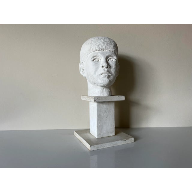 Vintage White Painted Terracotta Boy Bust Sculpture on Wood Stand For Sale - Image 11 of 13