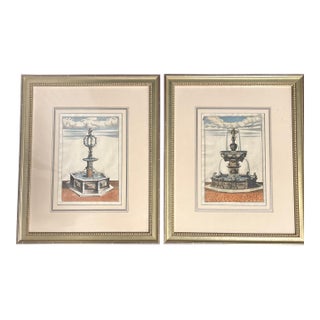 17th Century Colored Engravings of Fountains - Set of 2 For Sale