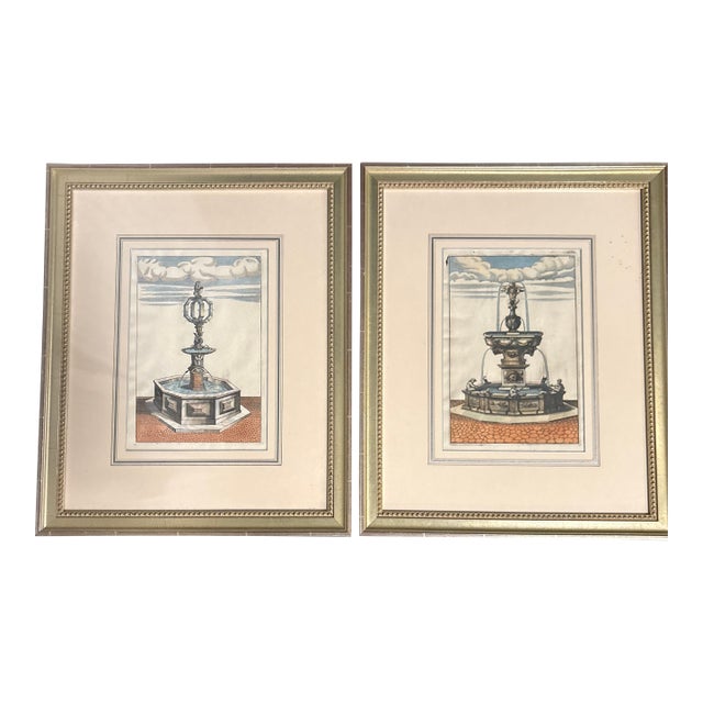 17th Century Colored Engravings of Fountains - Set of 2 For Sale
