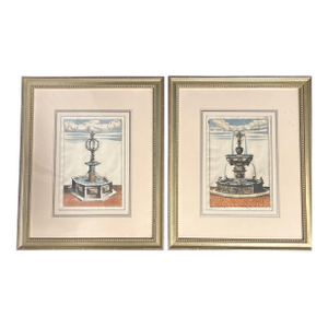 17th Century Colored Engravings of Fountains - Set of 2
