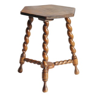 Antique Rustic Farmhouse Hexagon Wooden Barley Twist Plant Stand, 1920s For Sale