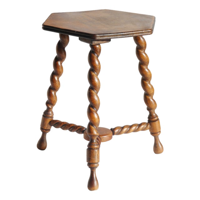 Antique Rustic Farmhouse Hexagon Wooden Barley Twist Plant Stand, 1920s For Sale