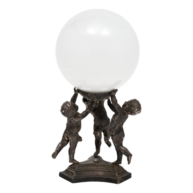 Art Deco Period, French Table Lamp, Pewter Cupids For Sale