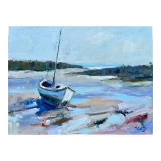 "Low Tide Rest" Boat Impressionist Coastal Sailboat Oil Painting by L. Haas For Sale