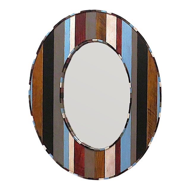 Coastal Striped Wood Oval Wall Mirror for Beach House Cottage Cabin Home Rustic For Sale