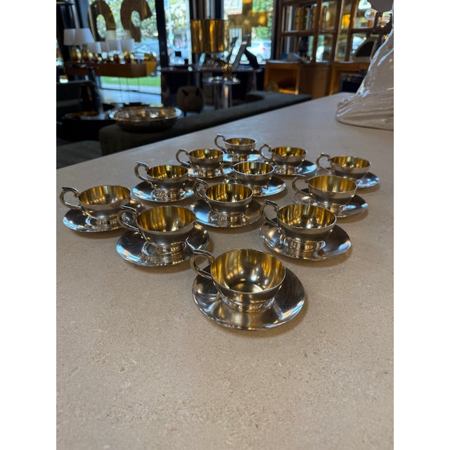 Italian Silver-Plate Tea Cup and Saucer Set, 12 Pieces, Mid-Century For Sale - Image 13 of 17