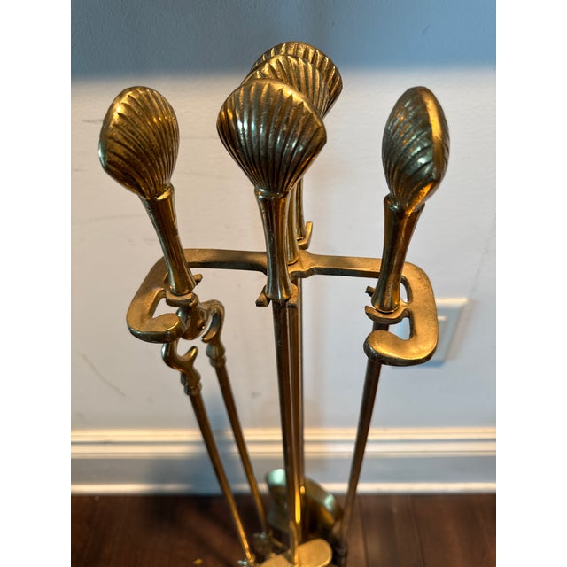 1970s Sculptural Brass Clam Shell Fire Tools Set For Sale - Image 4 of 7