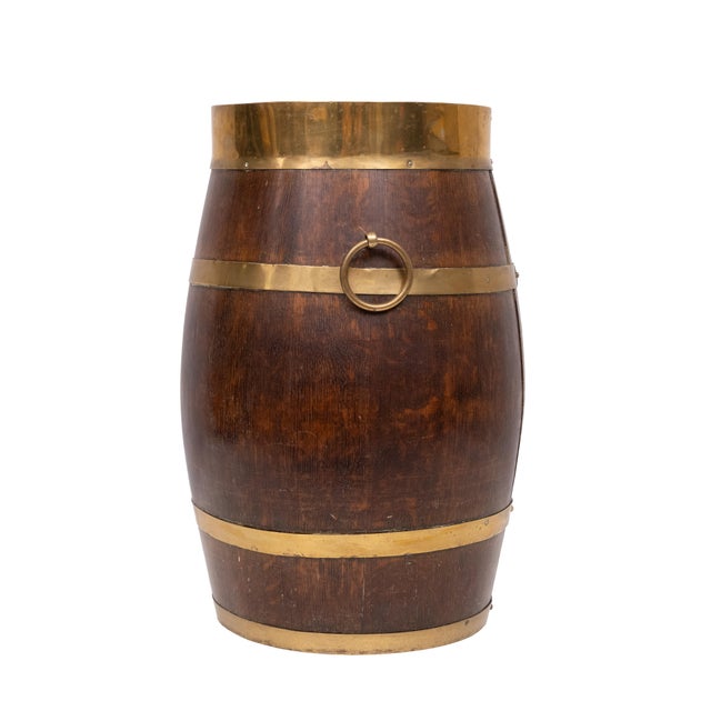 solid Oak churn constructed from staves with brass bands/hoops and two brass carrying rings. ideal umbrella stand ....