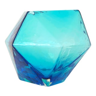 Vintage Mid Century Modern Blue Glass Sculptural Decorative Bowl For Sale