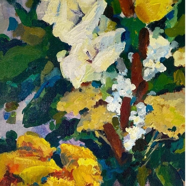 Mid Century Original Oil Painting With Flowers, Fruit, Copper Pot. Bright and Large Canvas. For Sale - Image 4 of 10