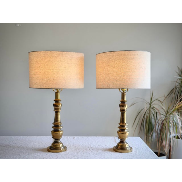 Vintage Brass Neoclassical Hollywood Regency Baluster Table Lamps With Linen Drum Shades - a Pair For Sale - Image 12 of 12