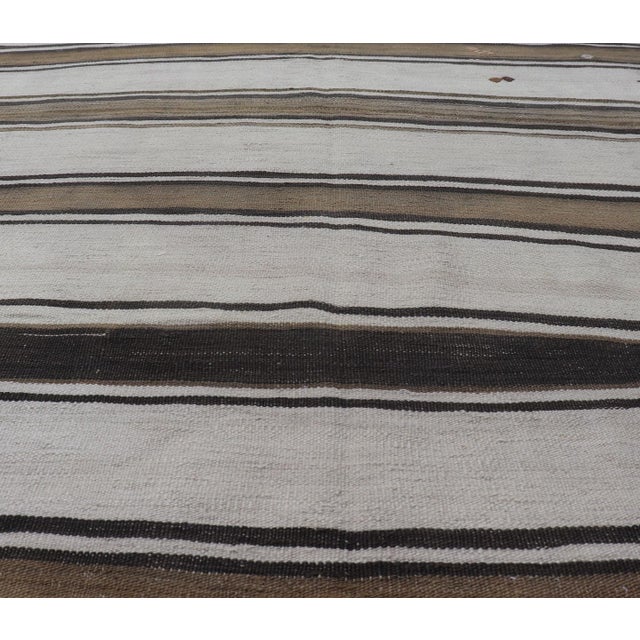 Vintage Turkish Kilim Rug With Ivory, Brown and Dark Stripe Bands For Sale In Atlanta - Image 6 of 11