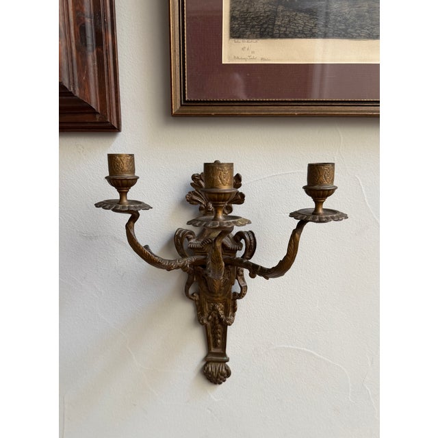 Bronze Antique 19th-Century Louis XVI Style Patinated Bronze Three-Light Wall Sconce For Sale - Image 8 of 13