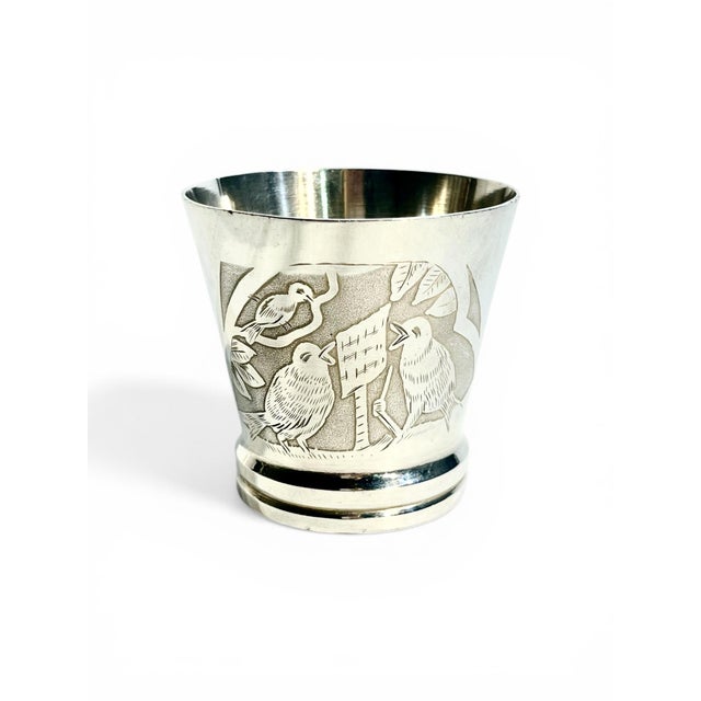 Antique French Art Deco Silver Plate Small Cup or Matchstick Holder With Engraved Songbirds For Sale - Image 4 of 7