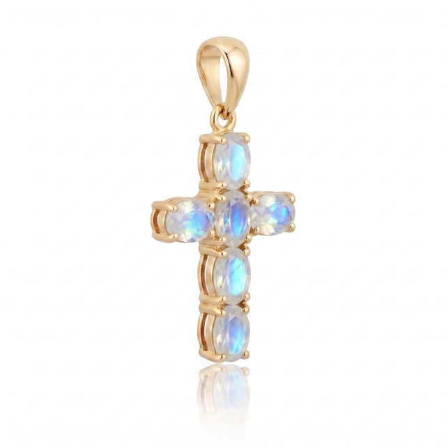 Crafted to showcase mesmerizing adularescence and blue flashes, this cross pendant brings an ethereal, luminous look to a...