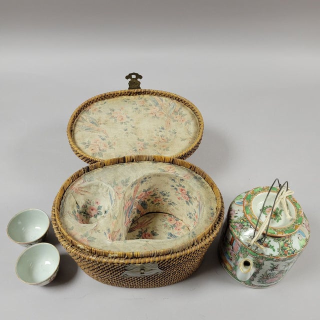 Antique Rose Medallion Tea Set in Picnic Travel Basket - One Set For Sale - Image 12 of 12