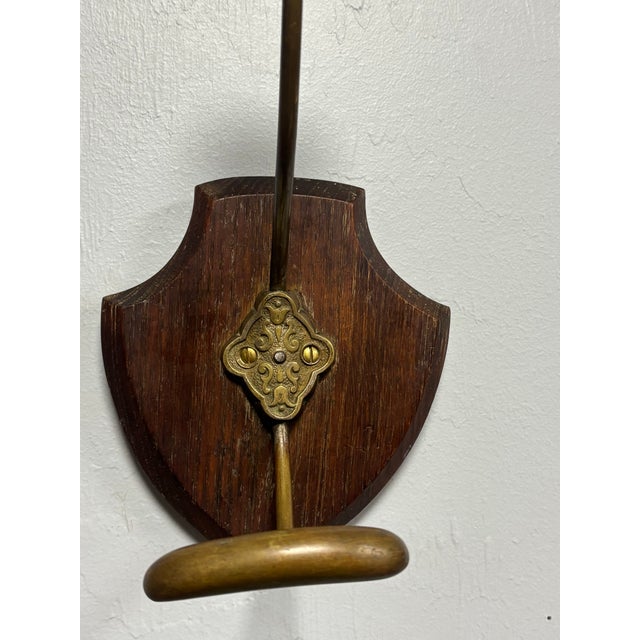 Vintage Wood and Brass Wall Mounted Hall Tree Hook for Hat and Coat For Sale - Image 4 of 5