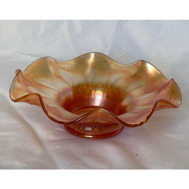 Early 1900s Northwood Stamped Hand Etched Iridescent Marigold Rosette Glass Ruffled Bowl For Sale - Image 11 of 11