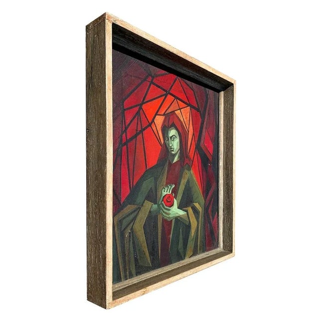 Vintage cubist painting signed Kannon and dated 1953 on canvas in original frame. Vibrant colors, looks like a woman with...