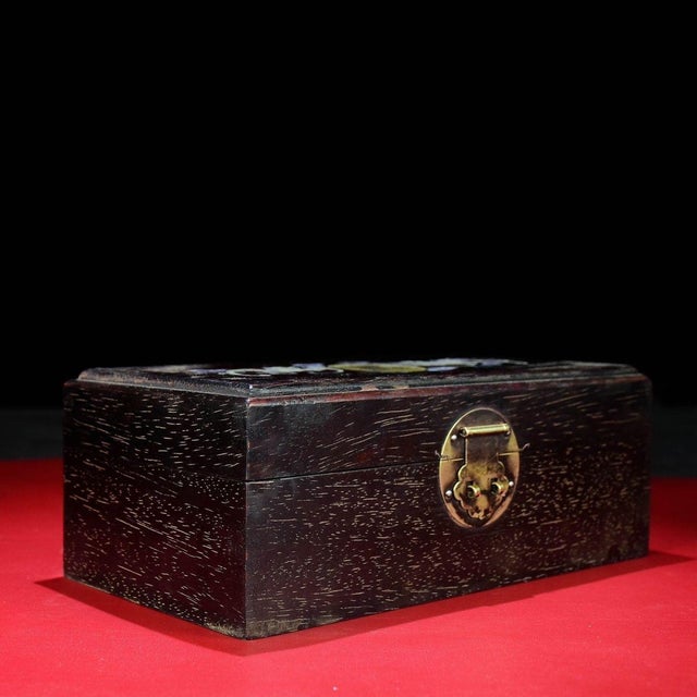 Vintage Chinese Zitan Wood Box With Mother of Pearl Bats & Fortune Coin Inlay - Prosperity Motif For Sale - Image 4 of 8