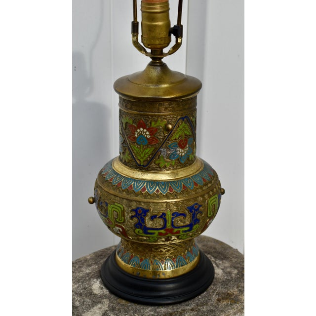 Antique (1920's) Brass & Chemplave Table Lamp has a Japanese Style. Multi-Colored Enamel. Corded. The Measurements: 6.5"...