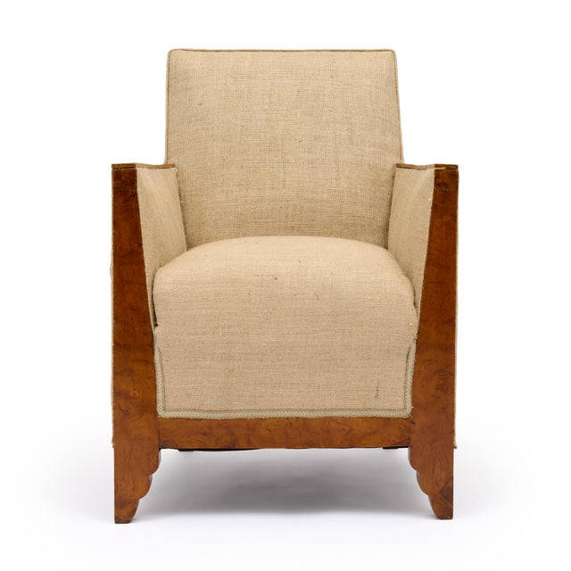 Art Deco French, Art Deco Period Burled Ash Bergères, Burlap Upholstery For Sale - Image 3 of 9