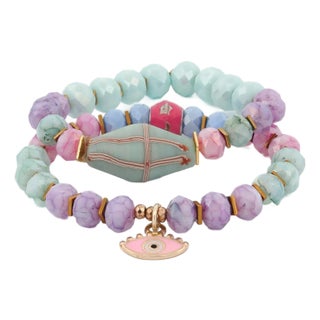 Pastel Colors Beaded Evil Eye Pendant Spring Bracelet Set For Sale