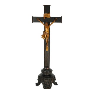 19th Century Antique Neo Gothic Carved Wood Corpus Christ Crucifix Altar Piece, Devil Feet For Sale