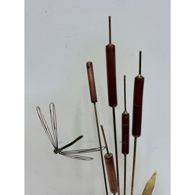 Mid-Century Modern Vintage Brass Cattails and Dragonfly Sculpture With Driftwood Base 1960s For Sale - Image 3 of 11