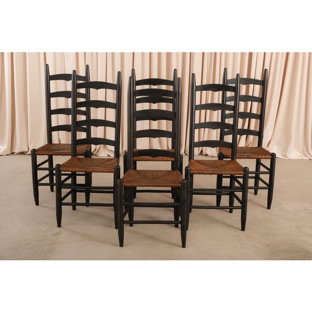 Textile Set of 6 Antique Shaker Ladder Back Dining Chairs | Ebonized Wood, Hand-Woven Rush Seats For Sale - Image 7 of 14
