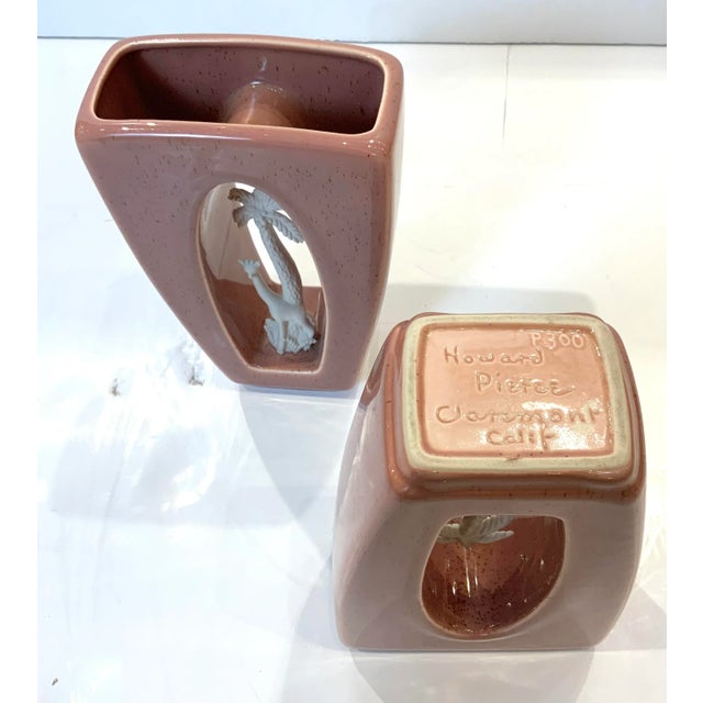 Pink 1950s Howard Pierce Pink Vases With Giraffe and Palm Tree, a Pair. For Sale - Image 8 of 10