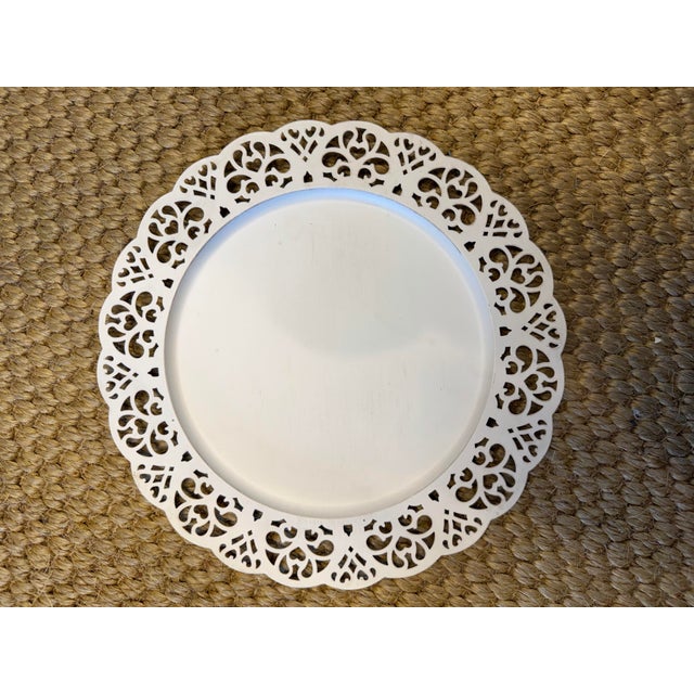 Beautiful set of eight vintage scalloped edge white tole chargers with a distinctive pierced lace or reticulated rim. No...