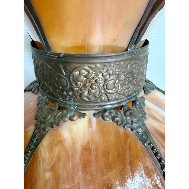 Metal Mid 20th Century Amber Slag Glass Scalloped Pendant Lamp Shade For Sale - Image 7 of 10