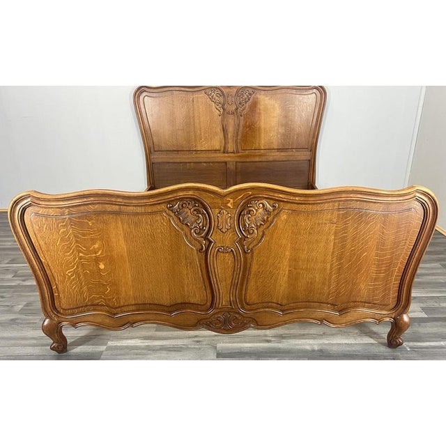 Vintage French Louis XVI Style Oak Double Bed Frame with Carved Headboard For Sale - Image 3 of 11