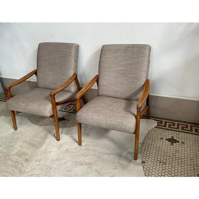 Pair of MCM French Upholstered Wooden Armchairs For Sale - Image 4 of 11