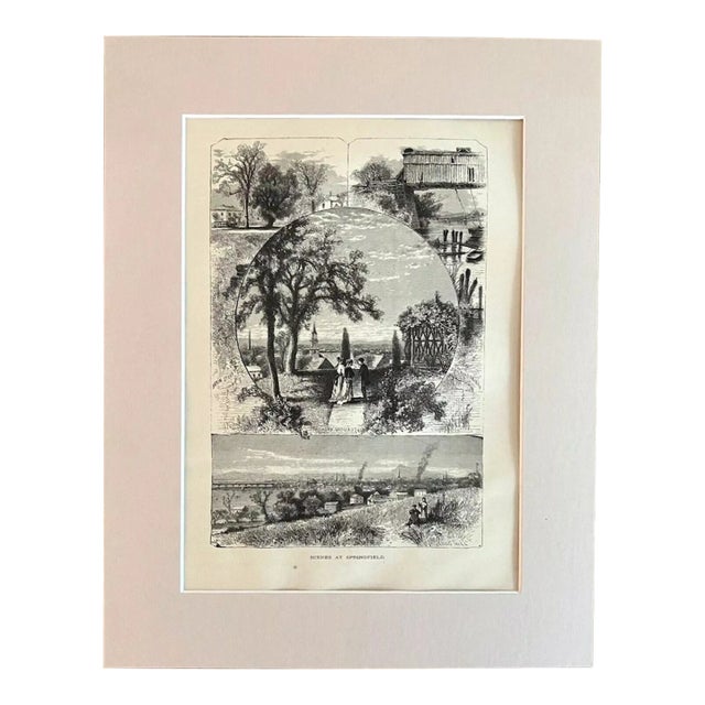 Antique 1874 Wood Engraving "Scenes at Springfield" MA, Matted For Sale