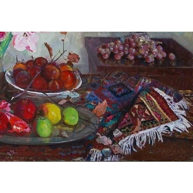 1960s Vintage Still Life Oil Painting: Flowers and Fruit For Sale - Image 5 of 6