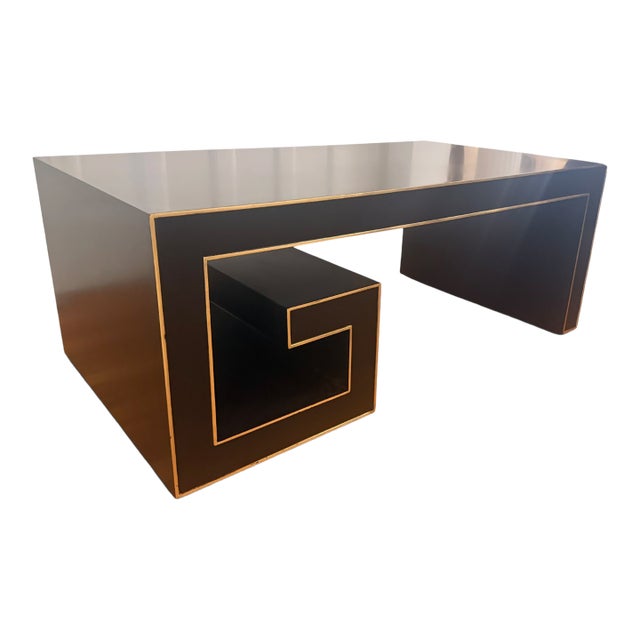 Currey & Company Modern Black Lacquer Coffee Table With Greek Key Gold Trim For Sale