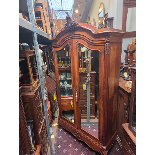 Antique French Louis XV Walnut Armoire Dual Beveled Mirrored Doors For Sale - Image 11 of 12