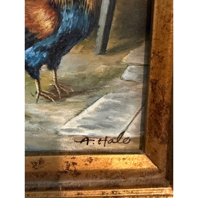 A charming original vintage oil painting on board, signed A. Hale, depicting a lively gathering of chickens and roosters...