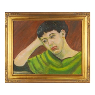 Mid Century Modern Portrait of Woman in Green Dress Original Oil Painting by Genevieve Rogers For Sale