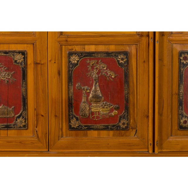 19th Century Large Chinese Qing Dynasty 19th Century Cabinet with Hand-Carved and Gilt Panels For Sale - Image 9 of 12